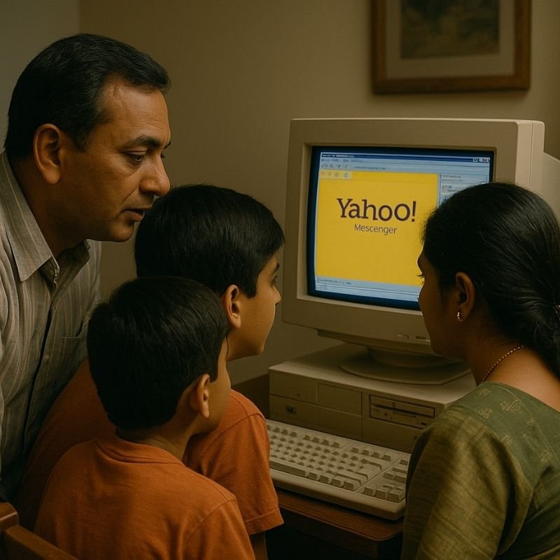 90 के दशक का भारतीय परिवार एक पुराने डेस्कटॉप कंप्यूटर के सामने बैठा है और जिज्ञासा से स्क्रीन पर खुला हुआ Yahoo! Messenger देख रहा है – उस समय का इंटरनेट अनुभव जब घर में परिवार साथ बैठकर नेट का इस्तेमाल करता था