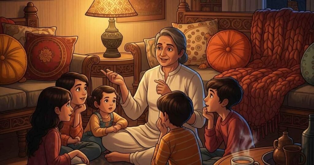 दादी बच्चों को कहानी सुनाते हुए, परिवारिक प्यार और परंपरा का चित्रण