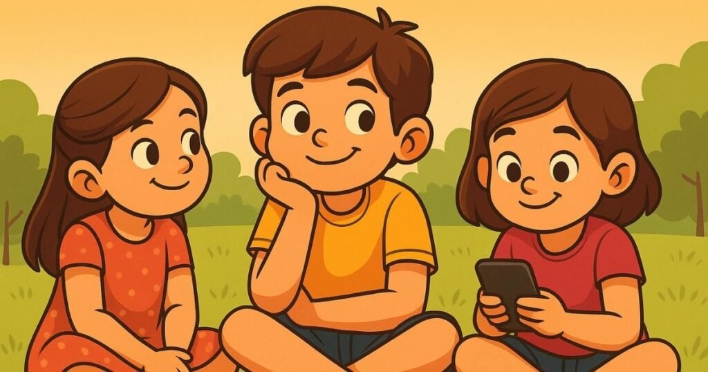 कार्टून शैली की चित्रकारी जिसमें तीन बच्चे घास पर बैठे हैं और मुस्कुराते हुए खेल रहे हैं – बचपन की मासूमियत और खुशियों को दर्शाता दृश्य