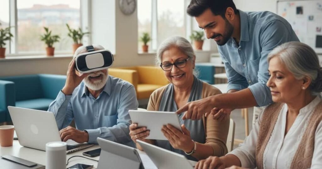 युवा व्यक्ति अपने बुजुर्ग माता-पिता और परिजनों को टैबलेट और डिजिटल तकनीक का उपयोग सिखाता हुआ – डिजिटल साक्षरता और डिजिटल वेलबीइंग का उदाहरण
