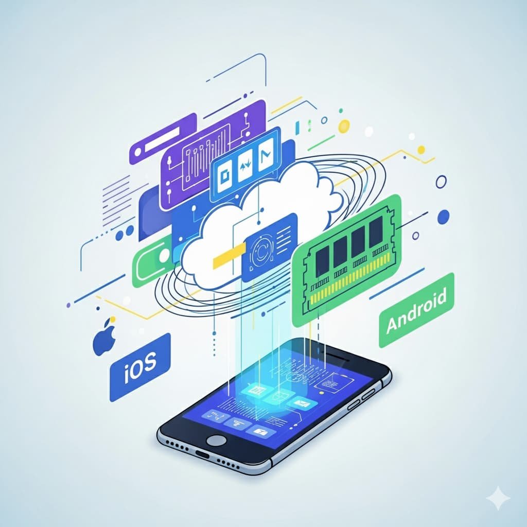 मोबाइल तकनीक की जानकारी दर्शाती आकर्षक छवि, जिसमें ऑपरेटिंग सिस्टम (iOS, Android), RAM, क्लाउड स्टोरेज और इंटरनल मेमोरी के प्रतीक एक नए स्मार्टफोन के ऊपर तैर रहे हैं।