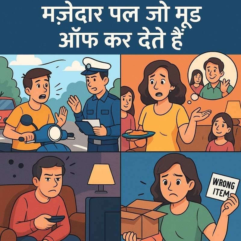 रोज़मर्रा की ज़िंदगी के मज़ेदार पल जो मूड ऑफ कर देते हैं: रोज़मर्रा की ज़िंदगी के मज़ेदार लेकिन मूड ऑफ कर देने वाले पल — जैसे ट्रैफिक पुलिस का चालान, अचानक मेहमान का आना, टीवी टाइम पर पावर कट और ऑनलाइन शॉपिंग में गलत सामान मिलना। यह चित्र आम जीवन की हास्य और निराशा भरी स्थितियों को दर्शाता है