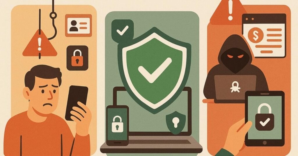 डिजिटल फ्रॉड से बचाव का चित्रण जिसमें फिशिंग अटैक, ऑनलाइन हैकर और लैपटॉप व मोबाइल पर सुरक्षा शील्ड दिखाया गया है
