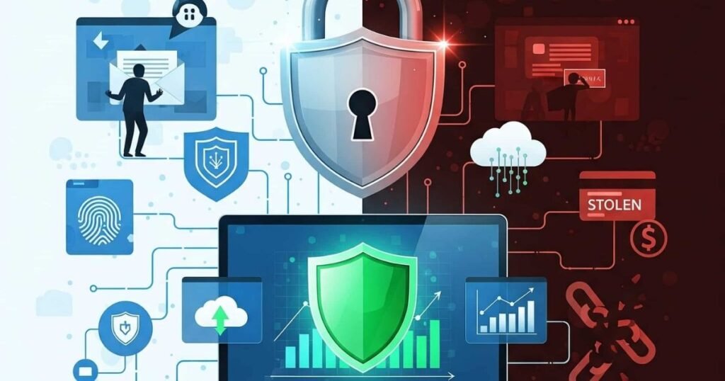 डिजिटल सुरक्षा और ऑनलाइन फ्रॉड का चित्रण जिसमें डेटा प्रोटेक्शन और हैकिंग का अंतर दिखाया गया है
