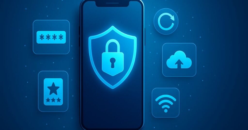 मोबाइल सुरक्षा की झलक – स्मार्टफोन स्क्रीन पर लॉक और शील्ड का आइकॉन, साथ में पासवर्ड, अपडेट, क्लाउड बैकअप और वाई-फाई जैसे सुरक्षा प्रतीक
