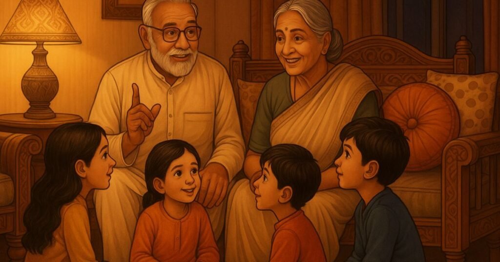भारतीय दादा-दादी पारंपरिक माहौल में अपने चार पोते-पोतियों को घर के अंदर बैठकर कहानियाँ सुना रहे हैं। यह चित्र परिवारिक प्रेम, परंपरा और कहानी सुनाने की पुरानी भारतीय संस्कृति को दर्शाता है।
