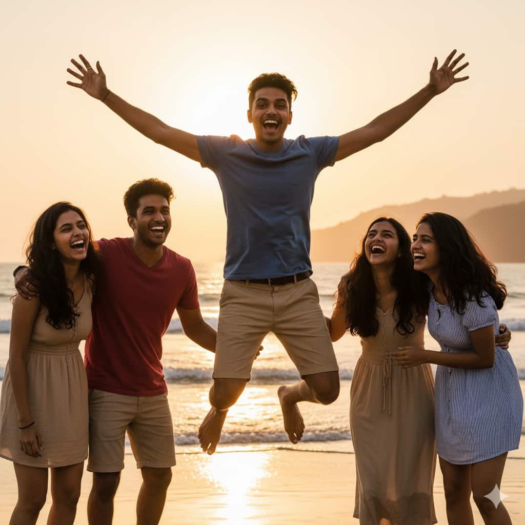 सुनहरी शाम में समुद्र तट पर हँसते-खिलखिलाते हुए युवा दोस्तों का एक समूह, जिसमें से एक लड़का खुशी से हवा में उछल रहा है और बाकी उसे पकड़े हुए हैं। उनके चेहरे पर सच्ची खुशी और बेफिक्री दिखाई दे रही है