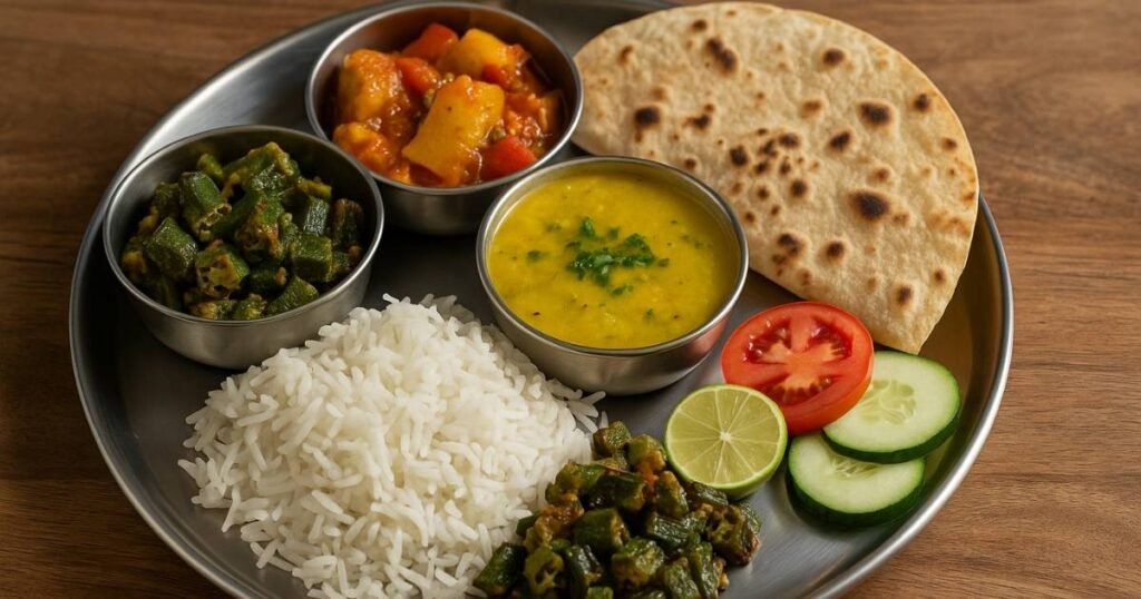 लकड़ी की मेज पर रखी एक स्टील की थाली जिसमें चावल, दाल, रोटी, भिंडी की सब्ज़ी, आलू-टमाटर की सब्ज़ी, सलाद और नींबू रखा है।