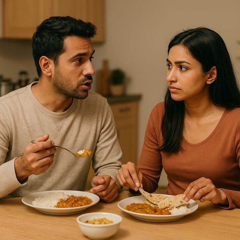 डाइनिंग टेबल पर बैठे एक दंपति, पति और पत्नी घर का खाना खाते हुए बातचीत कर रहे हैं। पति चम्मच में खाना लिए हुए कुछ कह रहा है और पत्नी ध्यान से उसकी बात सुन रही है।