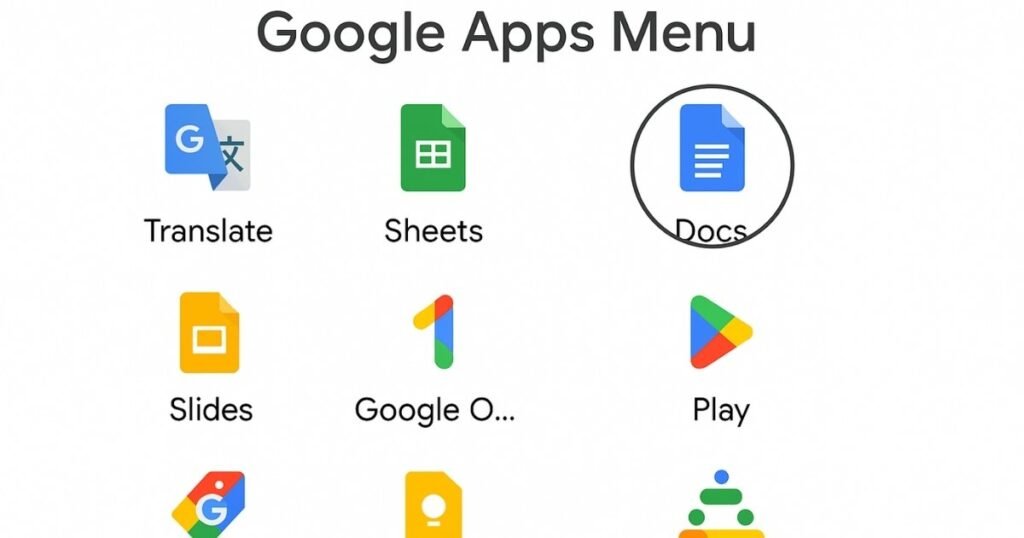 गूगल ऐप मेन्यू जिसमें Translate, Sheets, Docs, Slides, Keep और अन्य ऐप दिख रहे हैं, Docs आइकॉन को गोल घेरा बनाकर हाइलाइट किया गया है