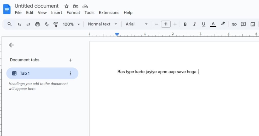Google Docs का खाली डॉक्यूमेंट स्क्रीन, जिसमें टाइप करते ही सामग्री अपने आप सेव होती है