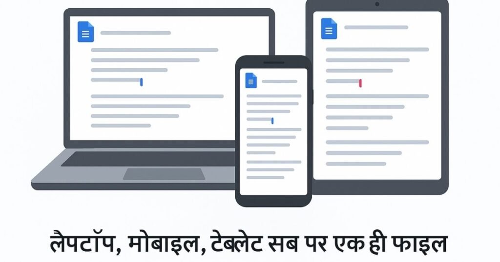 Google Docs की एक ही फाइल को लैपटॉप, मोबाइल और टैबलेट पर एक साथ उपयोग करते हुए दिखाता हुआ चित्र