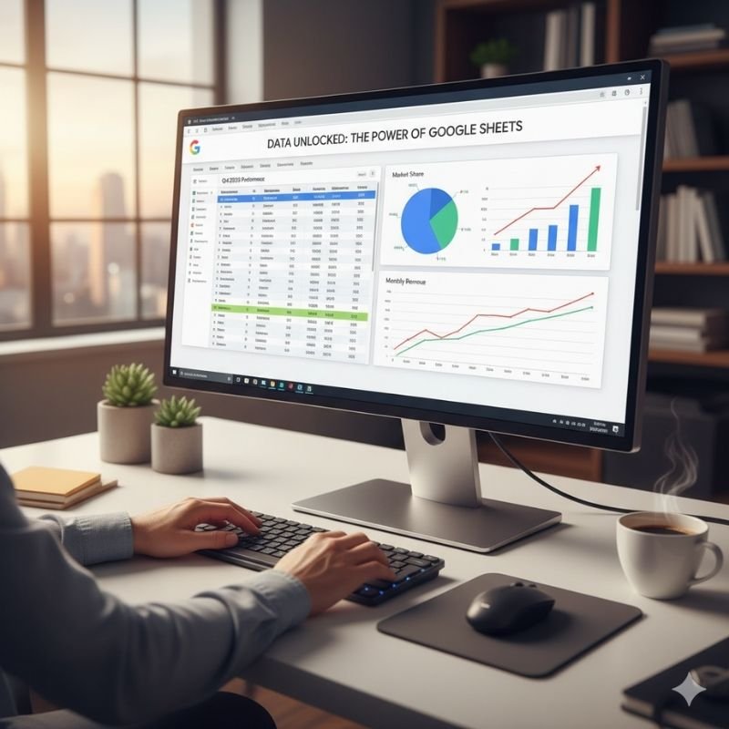 कंप्यूटर स्क्रीन पर Google Sheets में डेटा टेबल, ग्राफ और चार्ट दिखाते हुए, ऑफिस डेस्क पर काम करता हुआ व्यक्ति