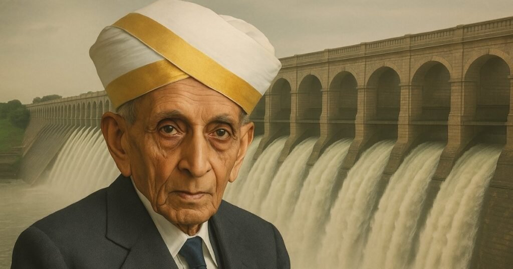 भारत रत्न सर एम. विश्वेश्वरैया का चित्र, पृष्ठभूमि में कृष्णराज सागर डैम