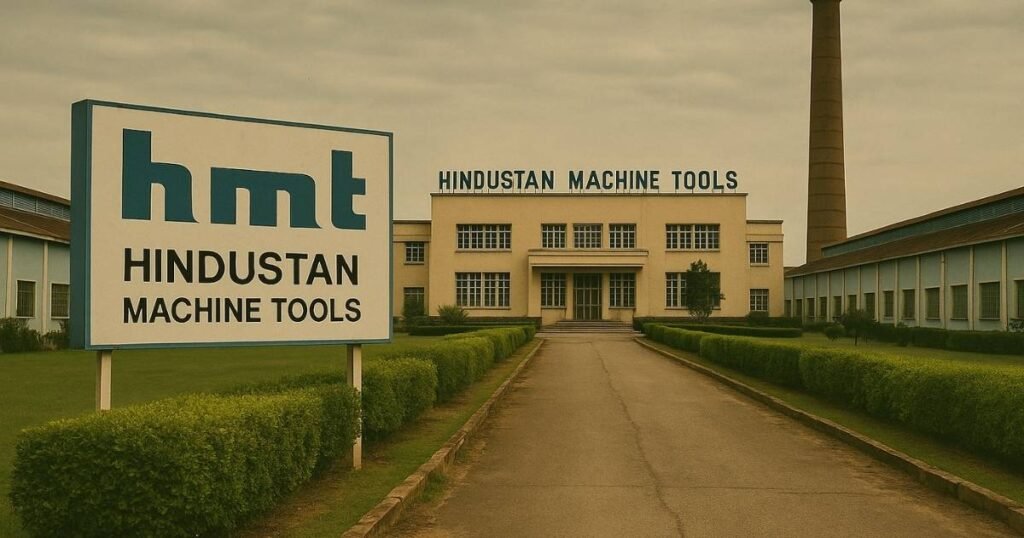 हिंदुस्तान मशीन टूल्स (HMT) फैक्ट्री का मुख्य भवन और प्रवेश द्वार, सामने बोर्ड पर HMT का लोगो