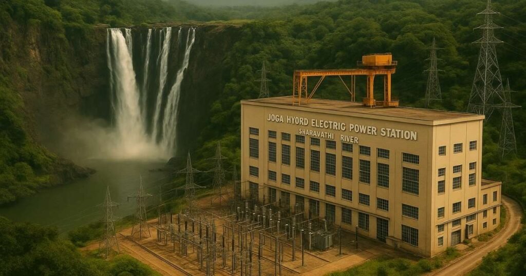 शरावती नदी पर जोग फॉल्स के पास स्थित जोगा हाइड्रो इलेक्ट्रिक पावर स्टेशन, पीछे झरना और हरी-भरी पहाड़ियाँ