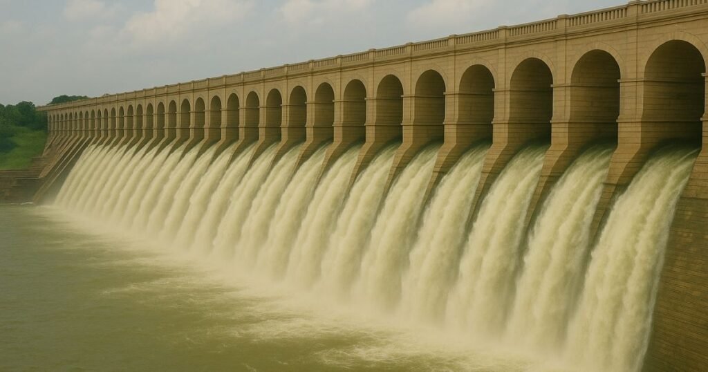 कृष्णराज सागर (KRS) डैम, कावेरी नदी पर बना ऐतिहासिक बांध, जिसमें स्पिलवे से पानी बहता हुआ दिखाई दे रहा है