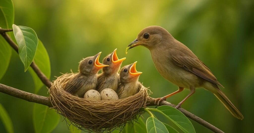पेड़ की डाल पर बने घोंसले में चूज़ों को दाना खिलाती हुई माँ चिड़िया – प्रकृति और ममता का सुंदर दृश्य