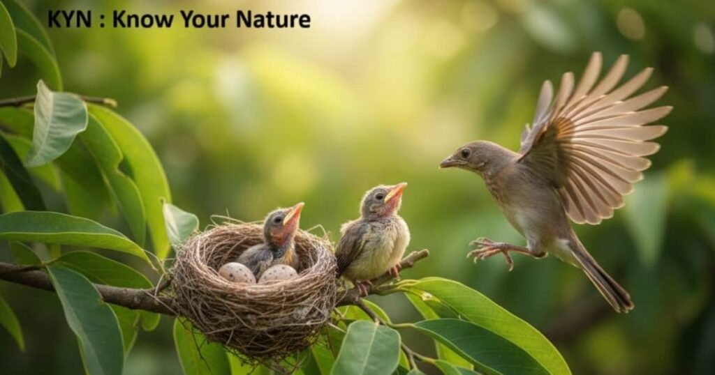 पेड़ की डाल पर घोंसले में बैठे चूज़ों को दाना खिलाती हुई माँ चिड़िया – प्रकृति और ममता का सुंदर दृश्य