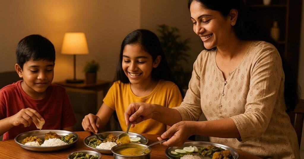 मुस्कुराती हुई माँ अपने बच्चों को थाली में दाल और सब्ज़ी परोस रही है, बच्चे खुशी से घर का बना खाना खा रहे हैं।