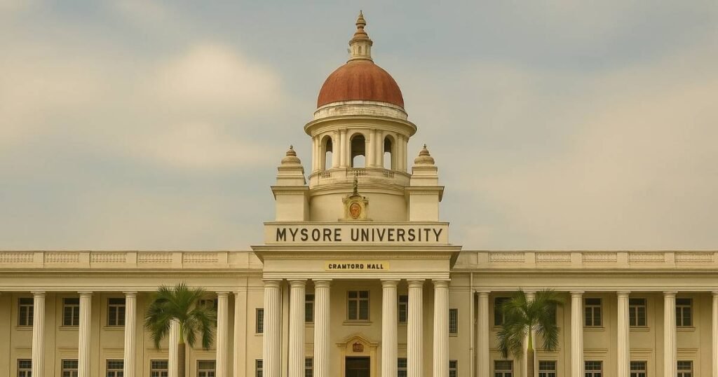 मैसूर विश्वविद्यालय का क्रॉफर्ड हॉल भवन, सफेद स्तंभों और लाल गुंबद के साथ