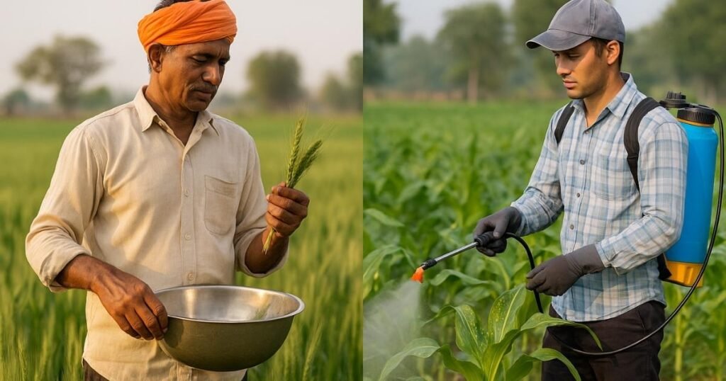 दो हिस्सों में बंटी तस्वीर: बाएँ तरफ एक किसान गेहूं की बालियाँ हाथ में लिए पारंपरिक तरीके से खेती करता दिख रहा है, जबकि दाएँ तरफ एक युवा किसान खेत में फसलों पर रसायन छिड़काव कर रहा है।