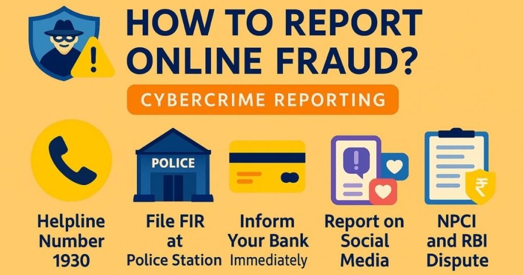 ऑनलाइन फ्रॉड रिपोर्टिंग – स्मार्टफोन स्क्रीन पर फ्रॉड अलर्ट और आसपास हेल्पलाइन 1930, पुलिस, बैंक और NPCI जैसे आइकॉन