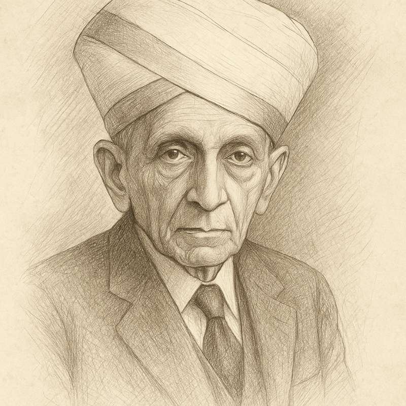 सर एम. विश्वेश्वरैया का स्केच पोर्ट्रेट, पारंपरिक मैसूर पगड़ी और सूट में