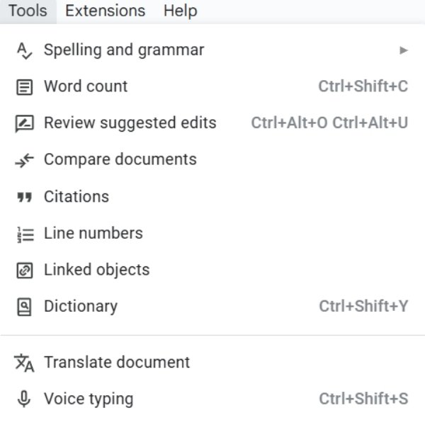 गूगल डॉक्स के टूल्स मेन्यू में वॉइस टाइपिंग का विकल्प दिखाता हुआ स्क्रीनशॉट