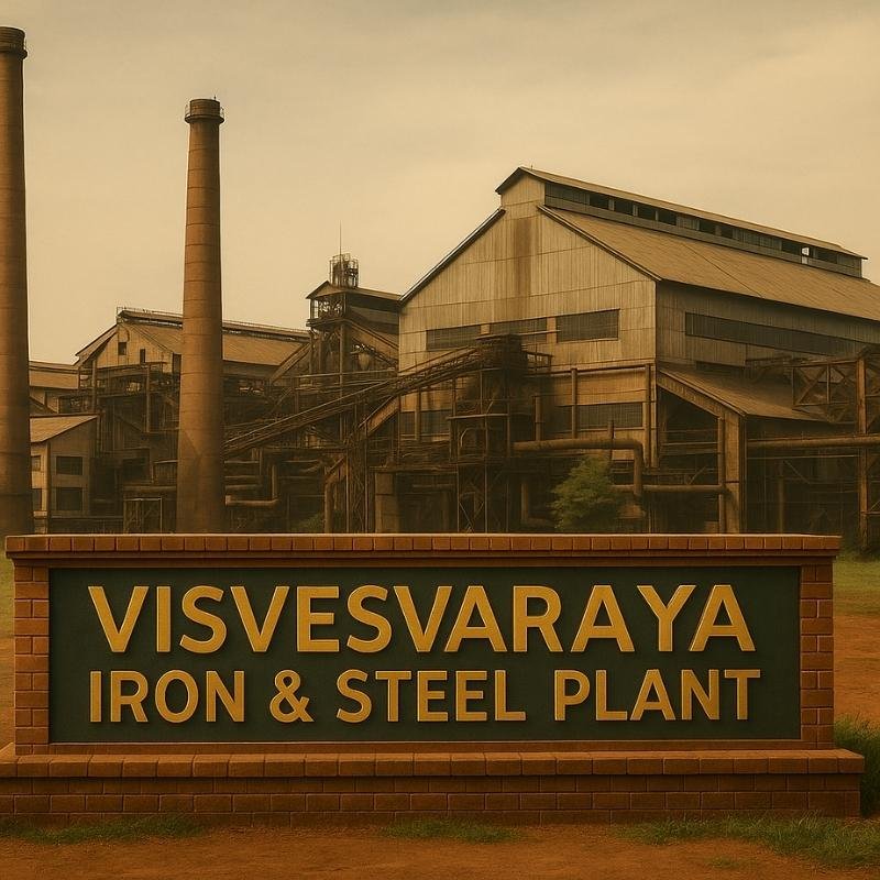 भद्रावती स्थित विश्वेश्वरैया आयरन एंड स्टील प्लांट का दृश्य, पीछे फैक्ट्री की इमारतें और चिमनियाँ दिखाई दे रही हैं