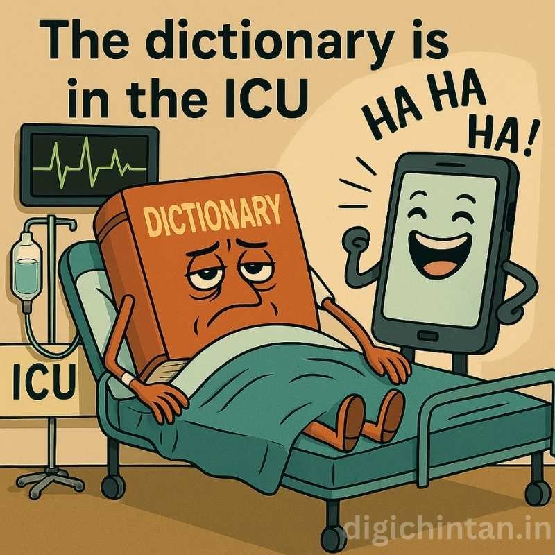 कार्टून चित्र जिसमें बूढ़ी डिक्शनरी ICU में लेटी है और मोबाइल फोन हँसते हुए उसे चिढ़ा रहा है, आधुनिक दौर की विदंबना को दर्शाते हुए।