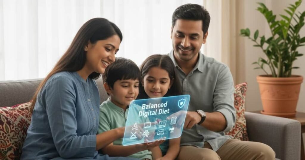डिजिटल वेलबीइंग और पैरेंटल कंट्रोल: माता-पिता और बच्चे टैबलेट पर 'संतुलित डिजिटल उपयोग' इंटरफ़ेस देखते हुए – परिवार में डिजिटल वेलबीइंग का चित्रण