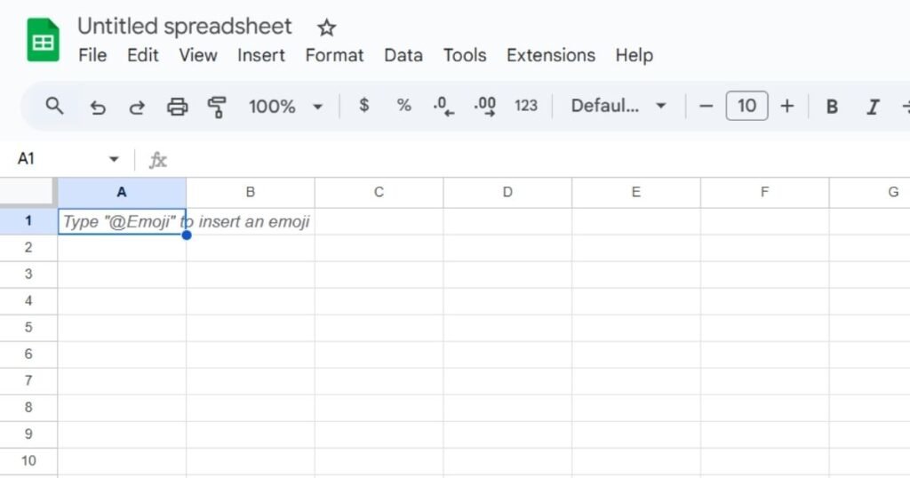 oogle Sheets का नया खाली spreadsheet इंटरफेस, जहां A1 सेल में "@Emoji" टाइप करने का संदेश दिख रहा है। यह स्क्रीनशॉट Google Sheets की शुरुआती विंडो और उसके आसान उपयोग को दर्शाता है, जिसमें online spreadsheet बनाने और edit करने की सुविधा मिलती है।