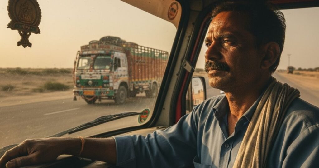 ट्रक चलाता हुआ एक भारतीय ड्राइवर अपनी जिंदगी की जर्नी को सोचता हुआ।