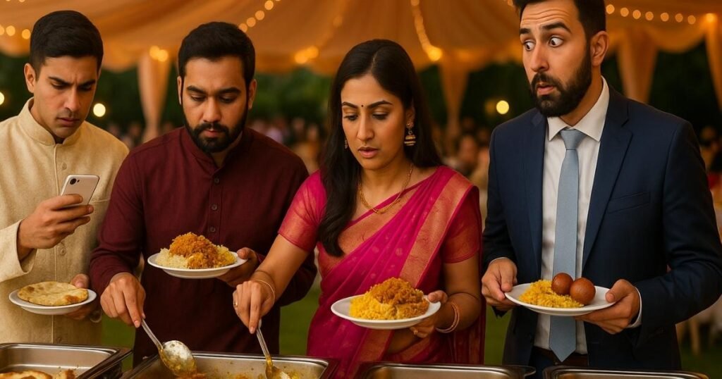शादी में मेहमानों का मजेदार अंदाज़, कोई फोटो खींचता हुआ तो कोई खाने की प्लेट लिए हुए।