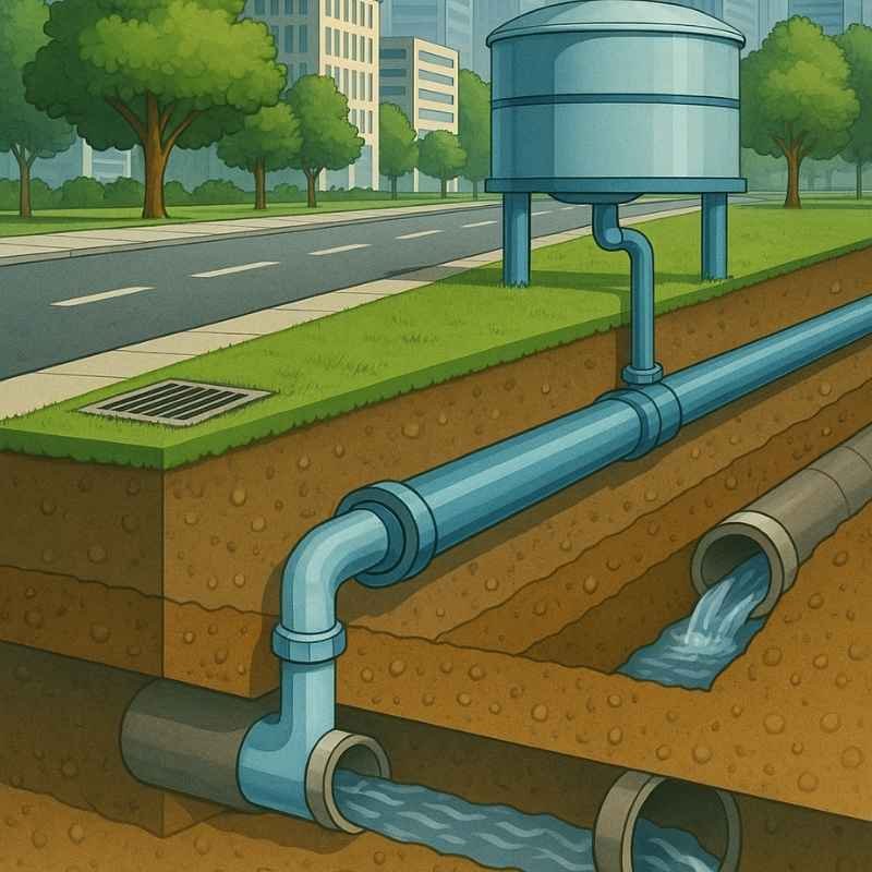 बेंगलुरु शहर का आधुनिक जल आपूर्ति और ड्रेनेज सिस्टम, पानी की टंकी और भूमिगत पाइपलाइन के चित्रण के साथ