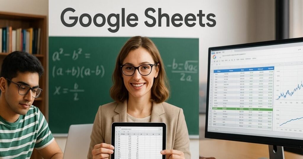 Google Sheets का उपयोग करते हुए अलग-अलग लोग – एक छात्र लैपटॉप पर काम करता हुआ, एक शिक्षक टैबलेट पर spreadsheet दिखाते हुए और एक व्यक्ति बड़े मॉनिटर पर स्टॉक मार्केट डेटा ट्रैक करता हुआ।