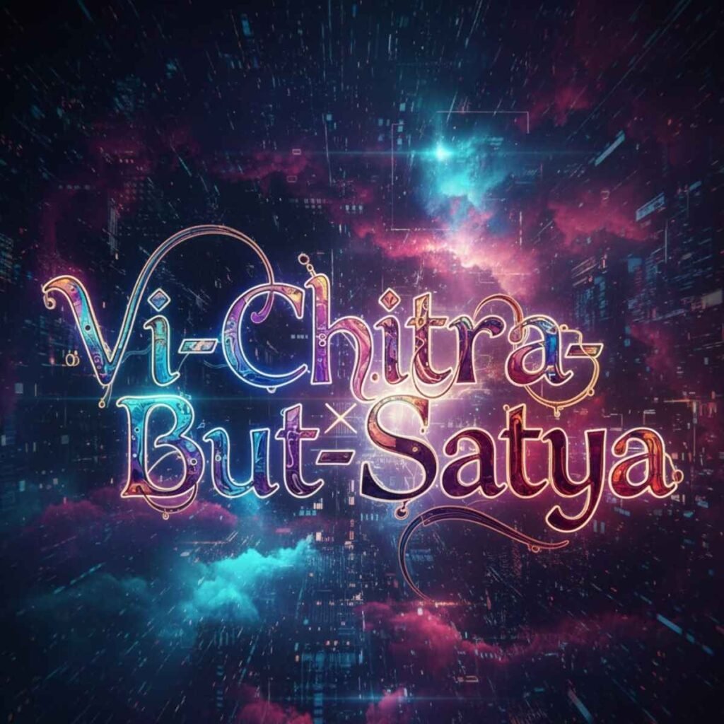 वि-चित्र-पर-सत्य' पाठ के साथ एक रहस्यमय, चमकता हुआ और डिजिटल थीम वाला स्क्वायर इमेज, जो गहरे नीले और बैंगनी रंग की पृष्ठभूमि पर है।"