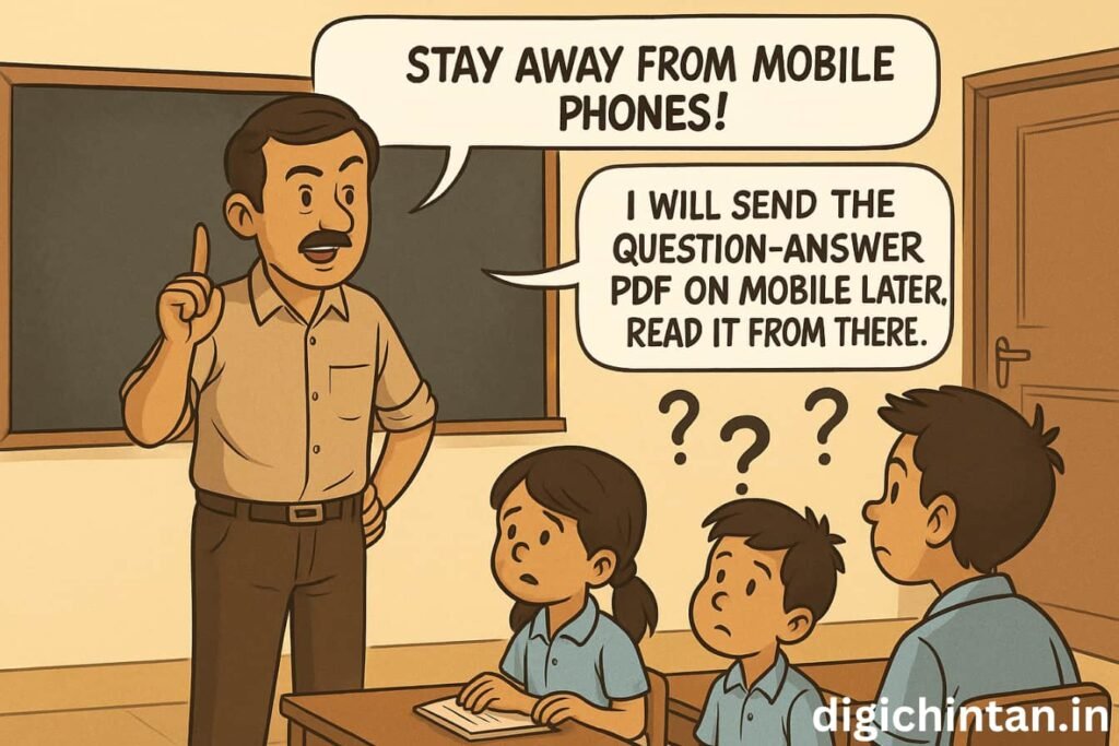 “वि-चित्र: शिक्षक क्लासरूम में बच्चों को मोबाइल से दूर रहने की सलाह देते हैं, लेकिन पढ़ाई की सामग्री मोबाइल से भेजने की बात करते हैं – व्यंग्यात्मक कार्टून, digichintan.in”
