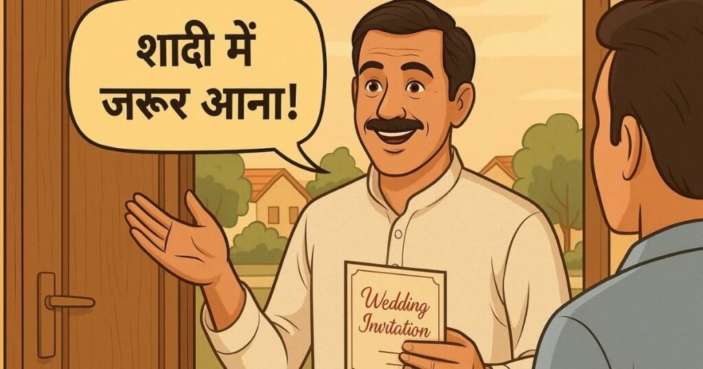 एक व्यक्ति भारतीय शादी के लिए मेहमानों को आमंत्रण पत्र देते हुए।