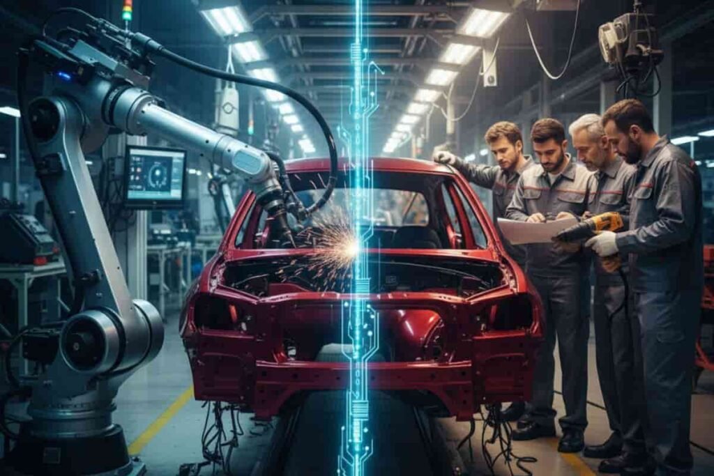 कार असेंबली लाइन पर रोबोट बनाम मानव श्रम का विरोधाभास। एक तरफ़ एक रोबोट तेज़ी से काम कर रहा है, और दूसरी तरफ़ वही काम 5 लोग मिलकर कर रहे हैं, जो नौकरियों पर AI और ऑटोमेशन के प्रभाव को दर्शाता है। बढ़ती हुई आबादी और घटती हुई रोज़गार