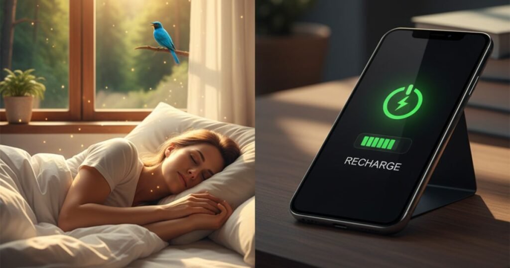 अच्छी नींद क्यों है जरूरी - जीवन का रिचार्ज बटन, यह इमेज दर्शाती है कि कैसे गहरी नींद सुबह आपको एक नए दिन के लिए रिचार्ज करती है, जैसे मोबाइल की बैटरी। इसमें एक सोई हुई महिला और चार्ज होता फ़ोन है।