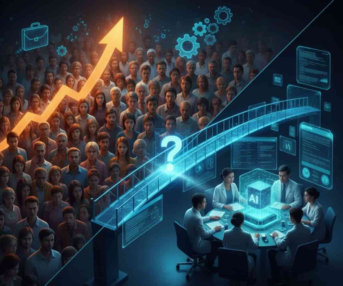 AI के युग में बढ़ती हुई आबादी और घटते हुए रोज़गार के विरोधाभास को दर्शाती इमेज। एक तरफ चिंतित लोगों की भीड़ है, और दूसरी तरफ AI डेवलपर्स समस्या के समाधान और भविष्य की चुनौतियों पर चिंतन कर रहे हैं। बढ़ती हुई आबादी और घटती हुई रोज़गार