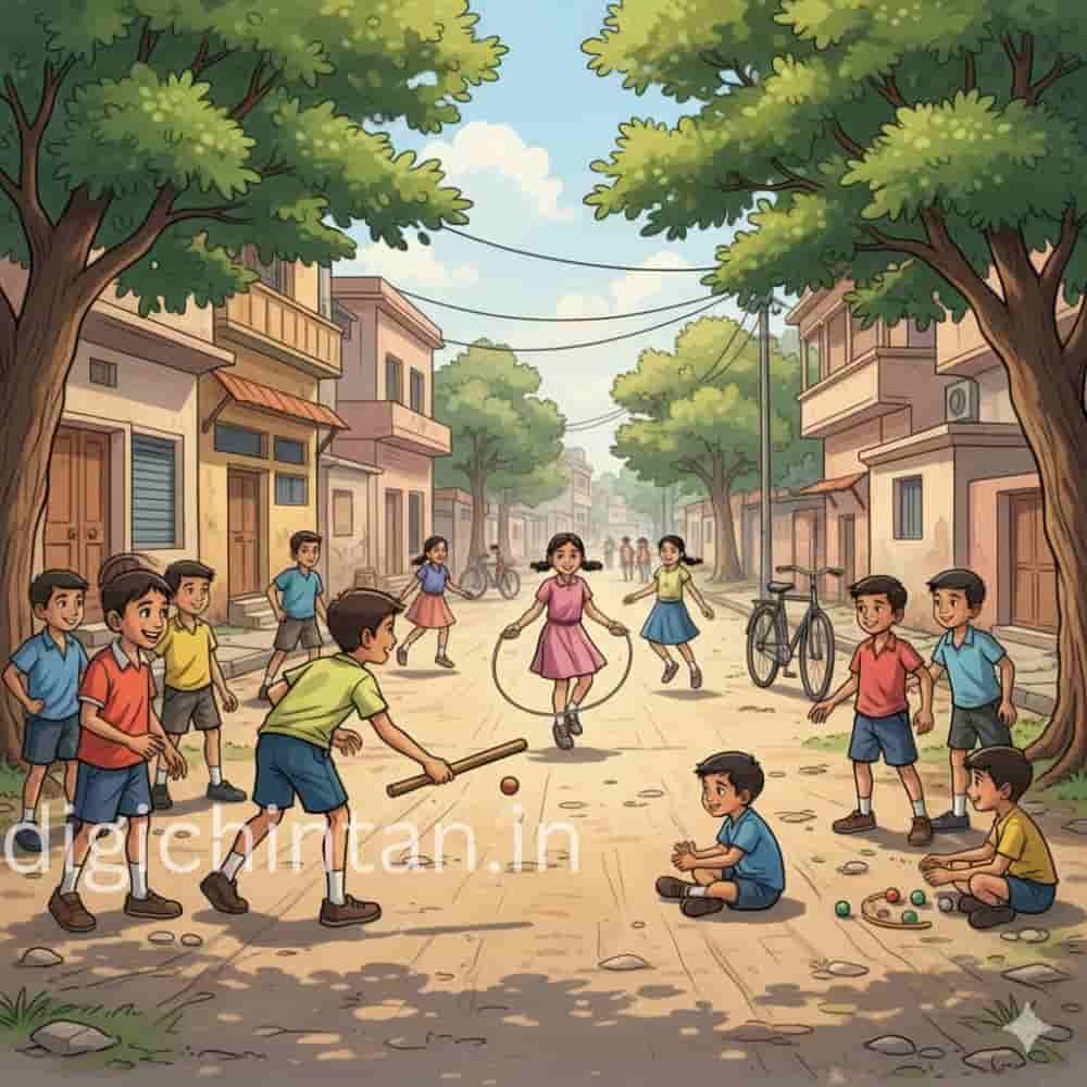गली में खुशी से खेल रहे बच्चों का एक कार्टूनिस्ट दृश्य। कुछ बच्चे पारंपरिक खेल गिल्ली-डंडा खेल रहे हैं, जो बाहरी शारीरिक गतिविधियों और मोबाइल से दूरी रखने की अच्छी आदत को दर्शाता है।