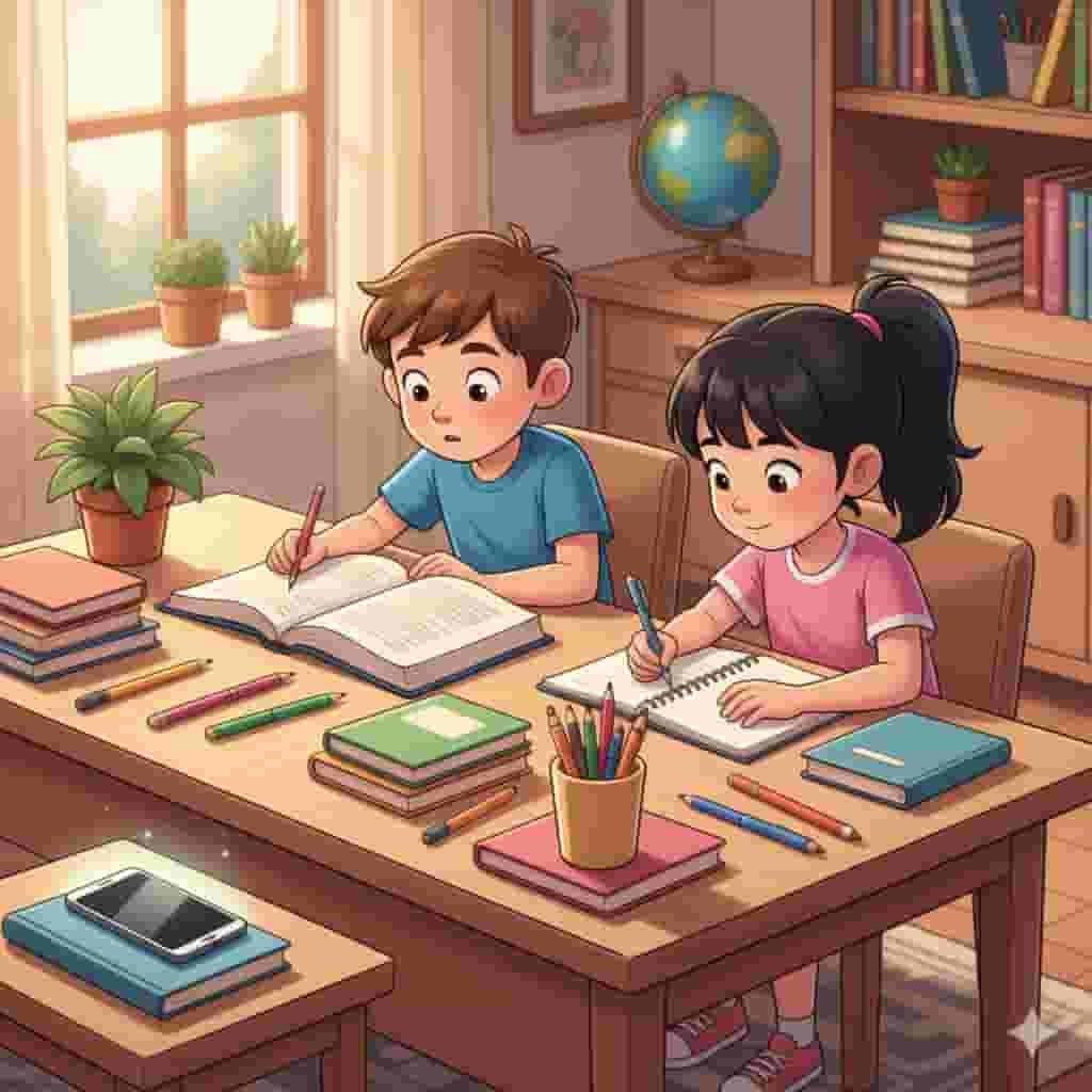 दो बच्चों का कार्टून चित्रण जो मेज पर बैठकर बिना मोबाइल फोन का उपयोग किए अपना होमवर्क कर रहे हैं; एक बच्चा किताब पढ़ रहा है और दूसरा नोट्स लिख रहा है, जो एकाग्रता और पढ़ाई की अच्छी आदत को दर्शाता है।
