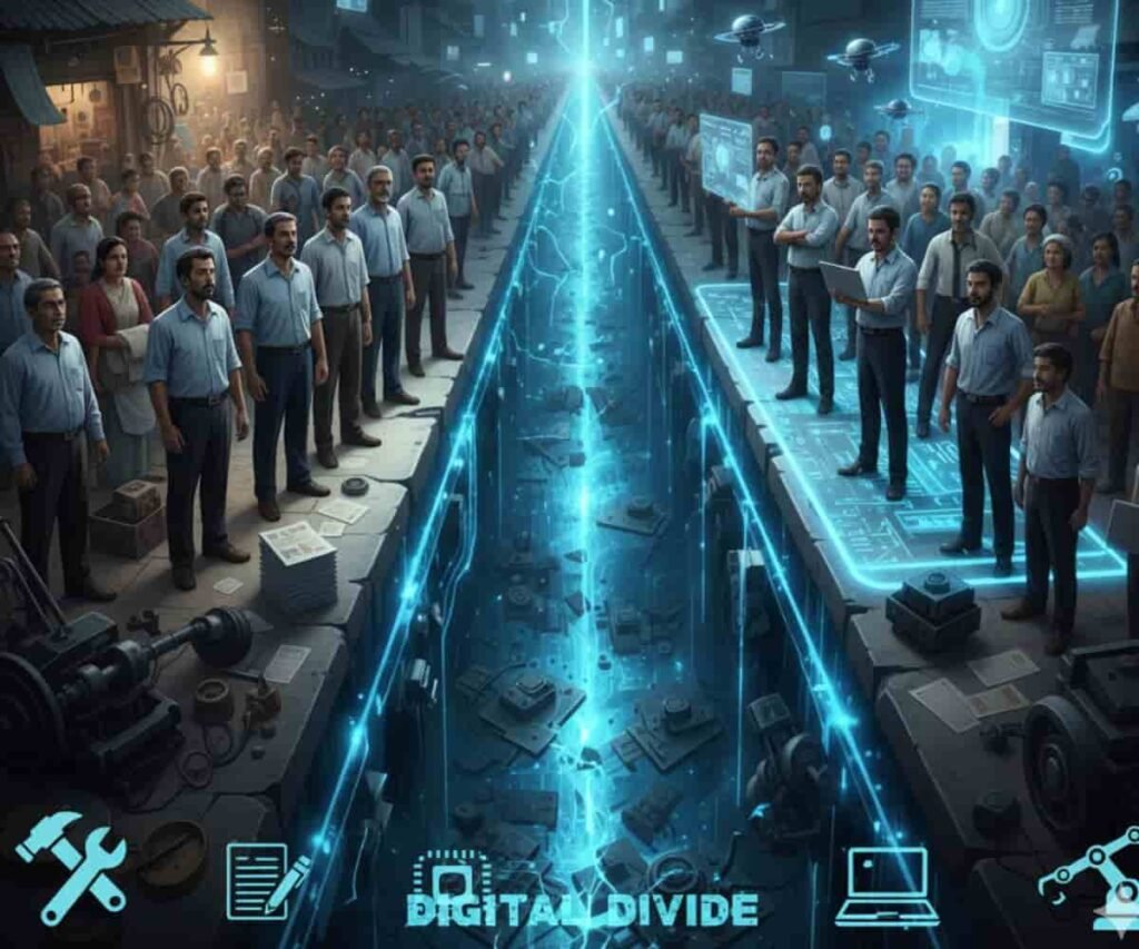 AI के युग में कौशल गैप को दर्शाती इमेज। एक तरफ कम कौशल वाले लोगों का बड़ा समूह पारंपरिक उपकरणों के साथ है, और दूसरी तरफ़ डिजिटल उपकरणों के साथ छोटा, कुशल समूह है, जो समाज में बढ़ती असमानता का संकेत देता है।