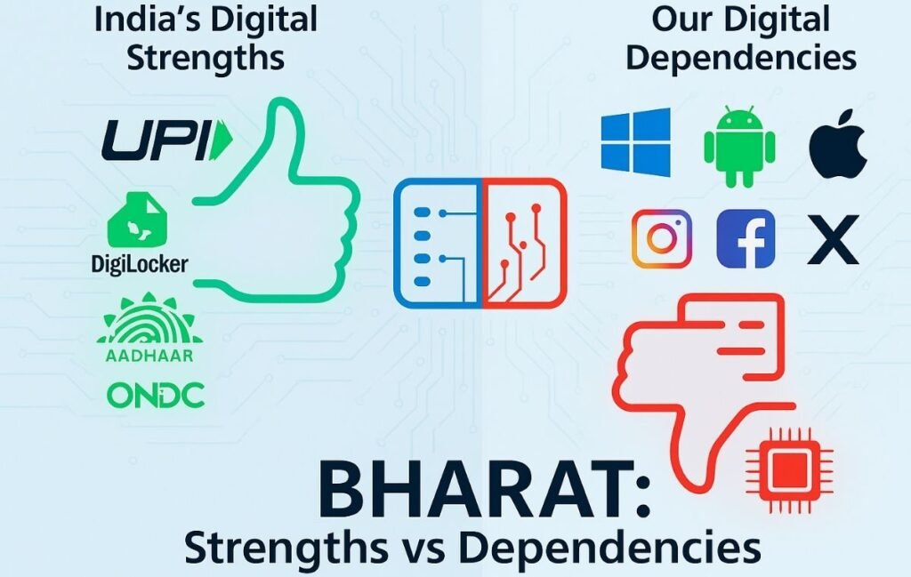 भारत की डिजिटल ताकतें बनाम डिजिटल निर्भरता – UPI, DigiLocker जैसी उपलब्धियाँ और OS, सोशल मीडिया, हार्डवेयर पर निर्भरता का तुलनात्मक इन्फोग्राफिक