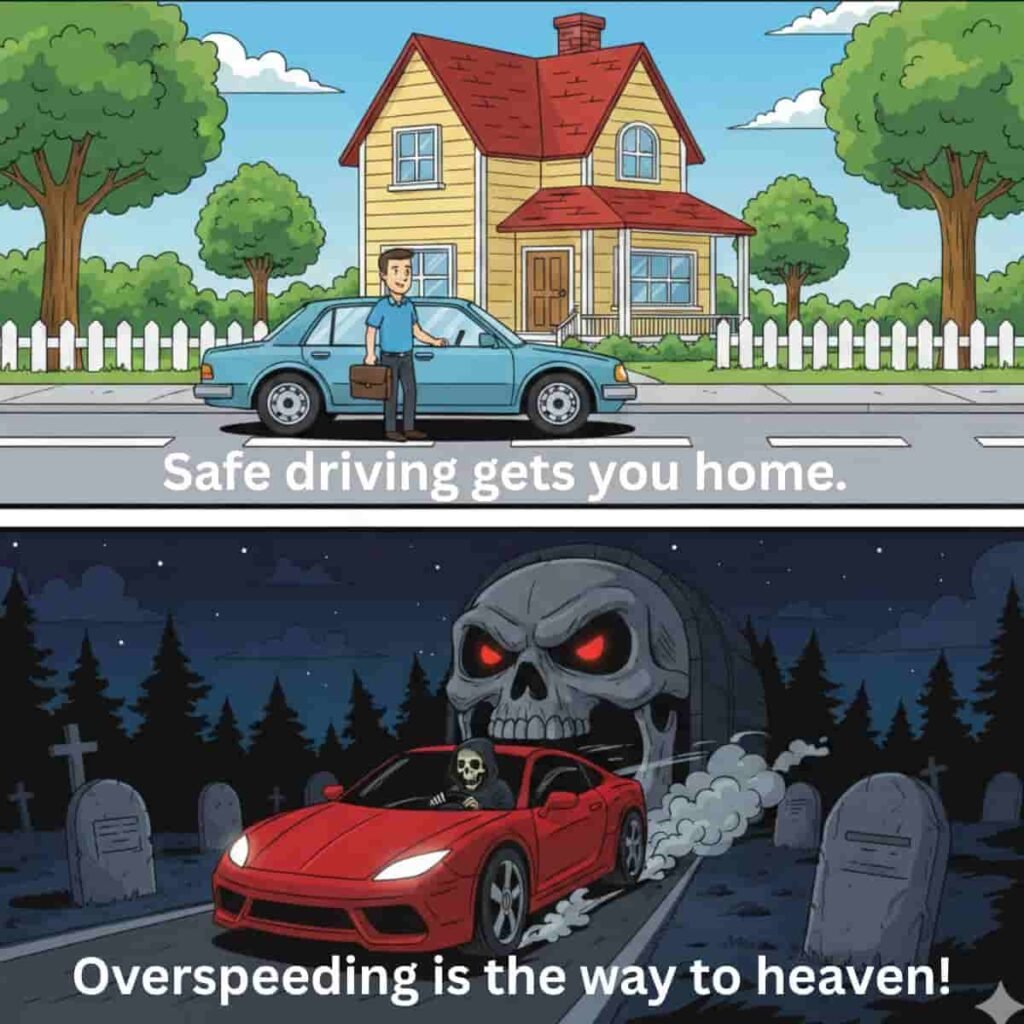 Yeh do-bhagon (two-part) mein banta hua ek vyangyatmak (satirical) chitra hai jo gadi ki gati (speed) ke do vipreet parinamon ko darshata hai. Upar ke bhaag mein ek car surakshit gati (safe speed) se chalti hui apne ghar ke saamne pahunchti hai, jo shaanti aur suraksha darshata hai. Niche ke bhaag mein ek laal car tezi aur lapurvahi se chalti hui maut ke prateek (symbol of death) jaise ek khooni laal aur bhayanak muh mein ghus rahi hai. Yeh chitra darshata hai ki suraksha ghar le jaati hai, jabki tezi maut ya vinash ki or