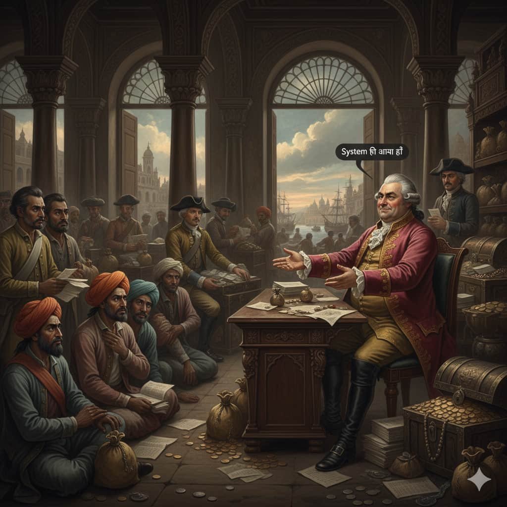 1757 ब्रिटिश शासन में भ्रष्टाचार: ईस्ट इंडिया कंपनी के अधिकारी द्वारा अवैध व्यापार और रिश्वतखोरी।