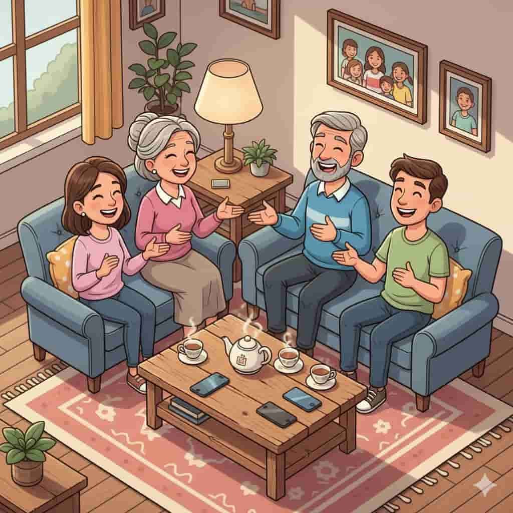 एक कार्टूनिस्ट चित्रण जिसमें माता-पिता और उनके बड़े बच्चे एक लिविंग रूम में आमने-सामने बैठकर हँसते हुए बातचीत कर रहे हैं। उनके मोबाइल फोन सेंटर टेबल पर रखे हैं, जो गैजेट्स से दूर, परिवार के साथ बिताए गुणवत्तापूर्ण समय (Quality Family Time) और अच्छी आदतों को दर्शाता है।